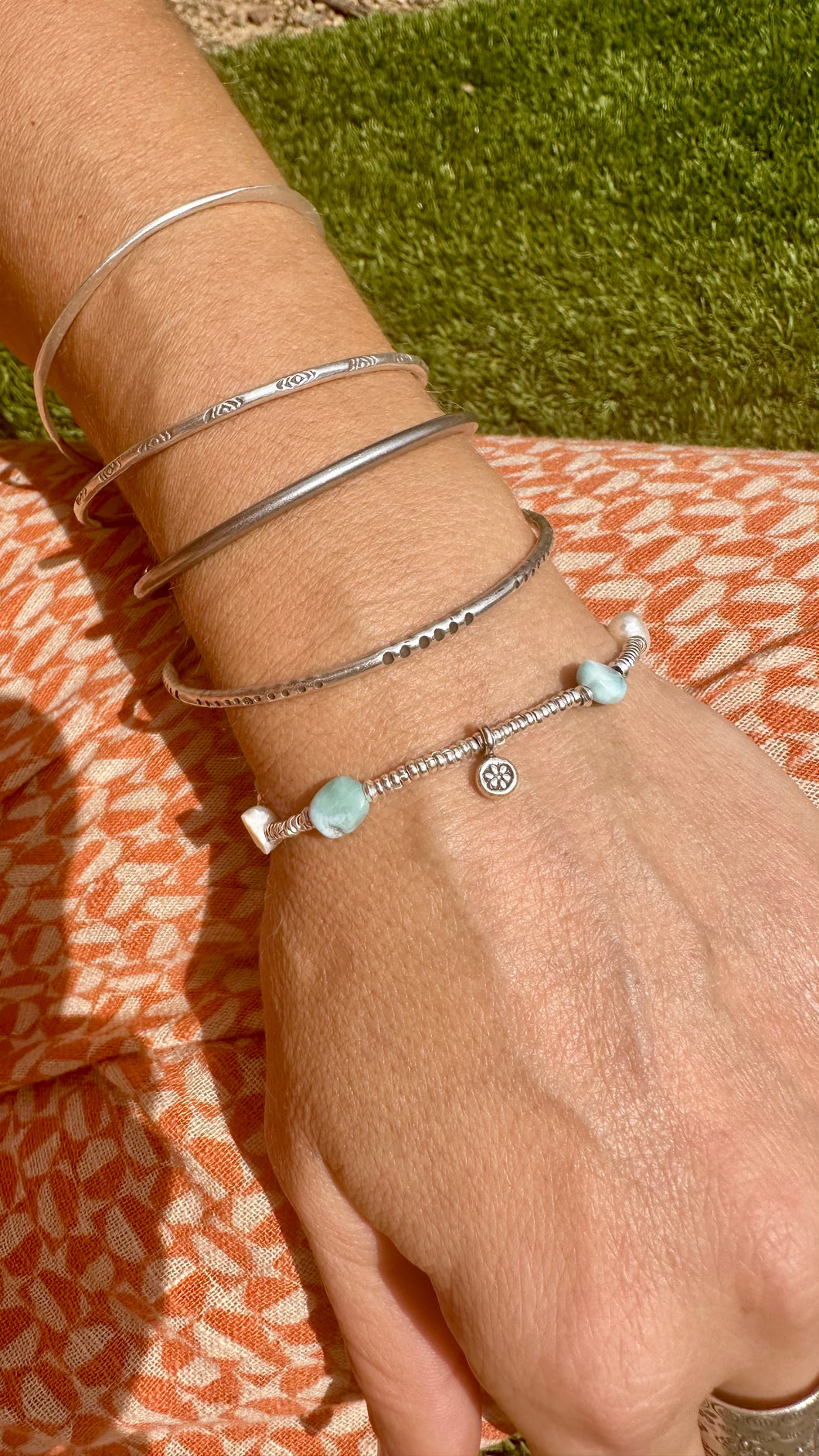 Hill Tribe  Silver With Larimar & Pearl Bracelet