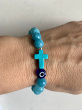 Load image into Gallery viewer, Aquamarine Bracelet with Cross Charm &amp; Evil Eye
