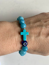 Load image into Gallery viewer, Aquamarine Bracelet with Cross Charm & Evil Eye