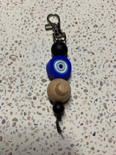 Load image into Gallery viewer, Blue Evil Eye With Wooden Moon  Key Charm.
