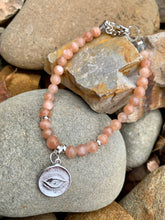 Load image into Gallery viewer, Peach Moonstone with Evil Eye Charm Bracelet