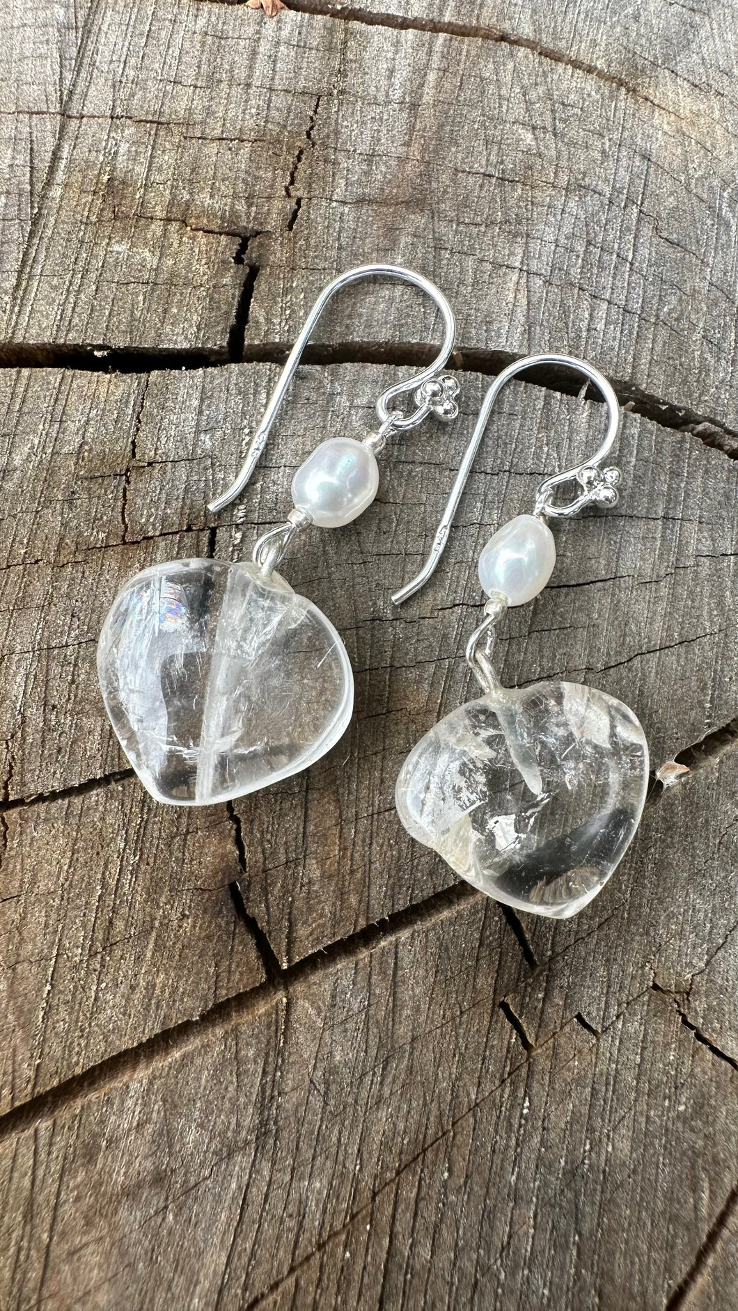 Clear Quartz Heart Earrings With FW Pearl.