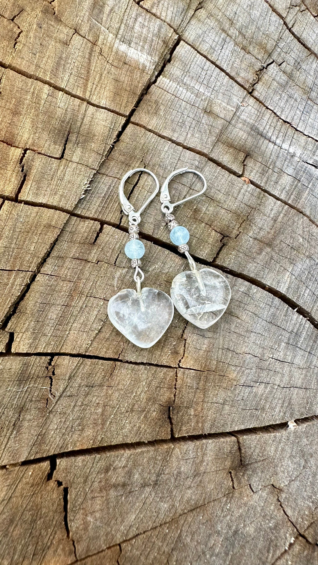 Clear Quartz Heart With Aquamarine Earrings .