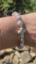 Load and play video in Gallery viewer, Pink Flower Agate With Cross &amp; Silver Evil Eye
