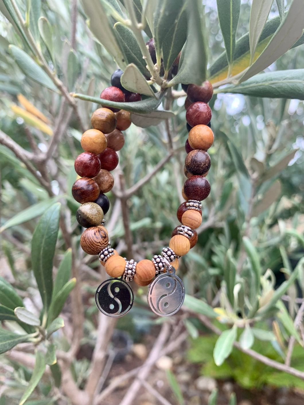 Wooden Mala Beads With Sandalwood with Yin & Yang Charm