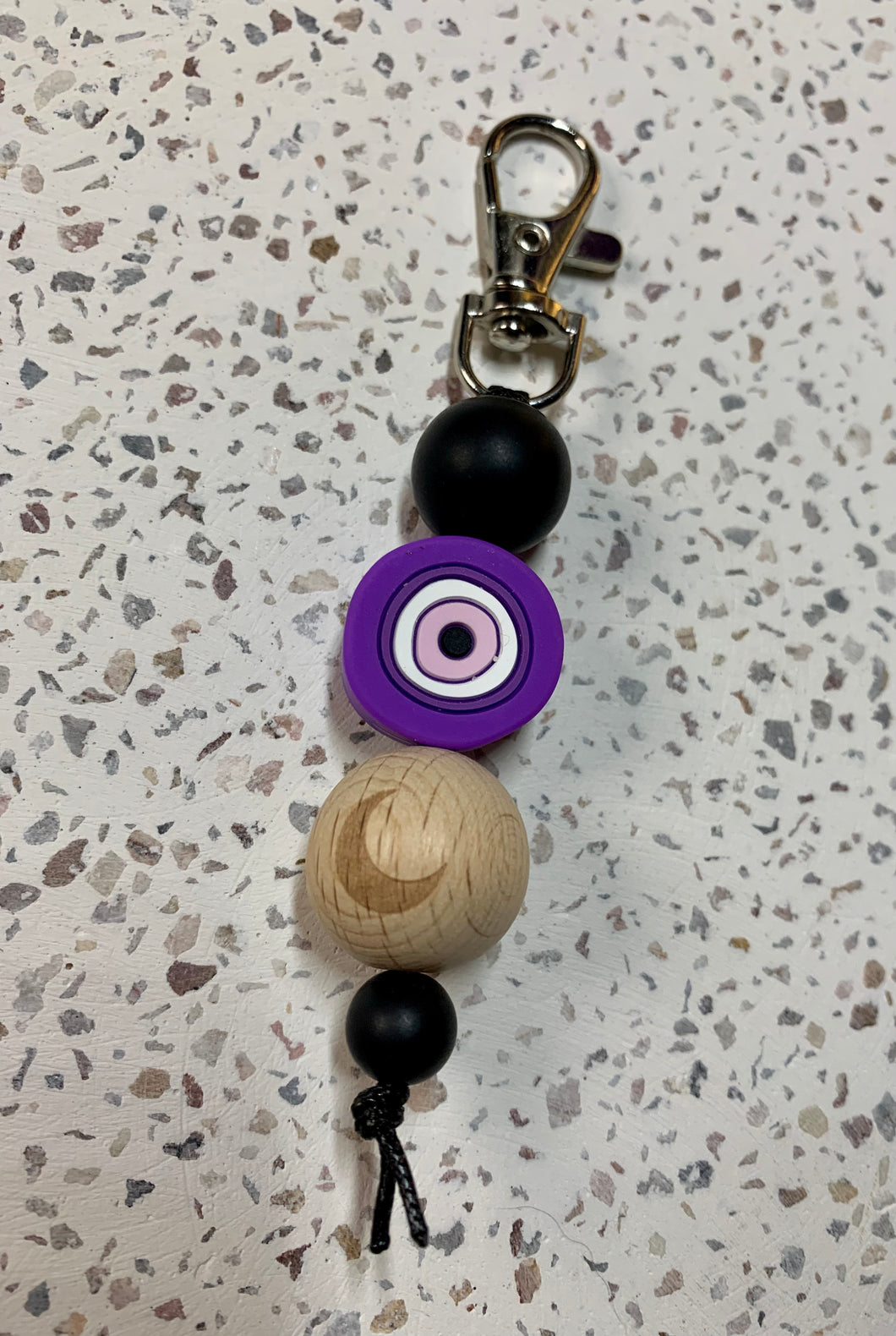 Purple Evil Eye With Crescent Wooden Bead Key Charm.