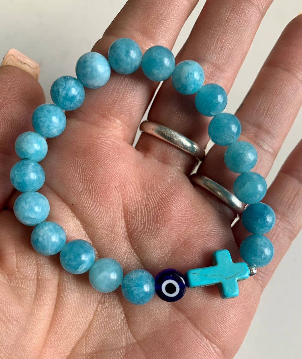 Aquamarine Bracelet with Cross Charm & Evil Eye