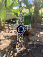 Load image into Gallery viewer, Evil Eye Silver Cross Protection Key Charm.
