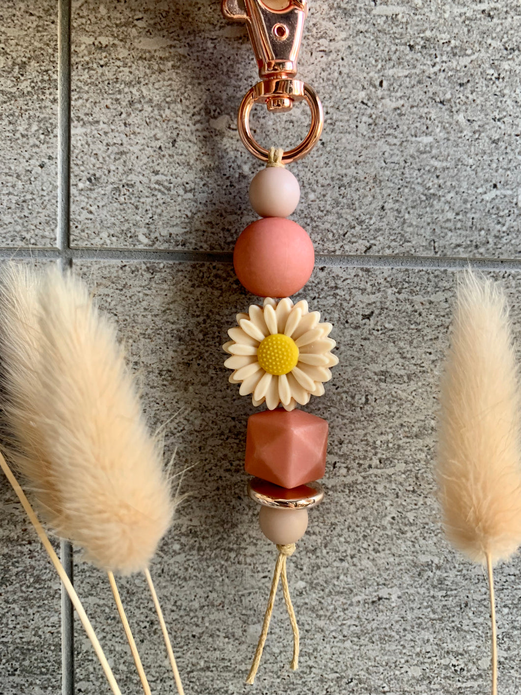 Key Charm / Bag Charm with Rose Gold Clasp & Silicone Daisy