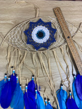 Load image into Gallery viewer, Light Brown Evil Eye Dreamcatcher with Light Blue Feathers
