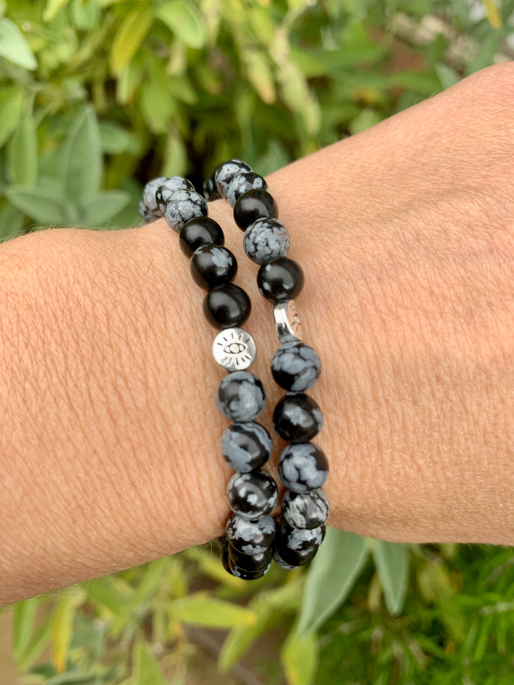 SnowFlake Obsidian With Evil Eye Bracelet.