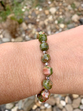 Load image into Gallery viewer, Unakite Energy Prism Faceted Barrel Bracelet.
