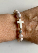 Load image into Gallery viewer, Pink Flower Agate With Cross &amp; Silver Evil Eye
