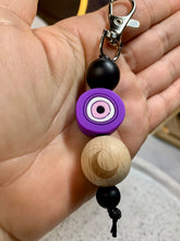 Load image into Gallery viewer, Purple Evil Eye With Crescent Wooden Bead Key Charm.
