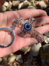 Load image into Gallery viewer, Evil Eye Silver Cross Protection Key Charm.
