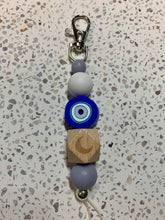 Load image into Gallery viewer, Blue Evil Eye With Hexagon Crescent - Blue &amp; White Beads Charm.
