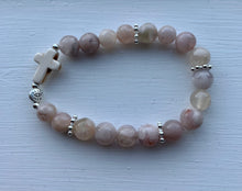 Load image into Gallery viewer, Pink Flower Agate With Cross &amp; Silver Evil Eye
