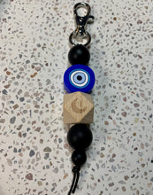 Load image into Gallery viewer, Blue Evil Eye with Crescent Hexagon Bead Charm.
