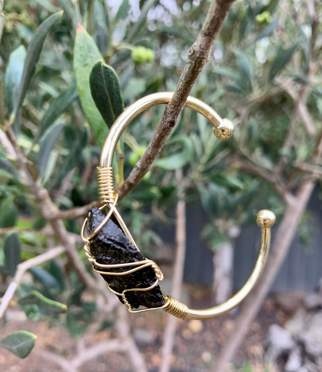 Black Tourmaline Gold  Bangle .