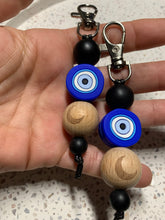 Load image into Gallery viewer, Blue Evil Eye With Wooden Moon  Key Charm.
