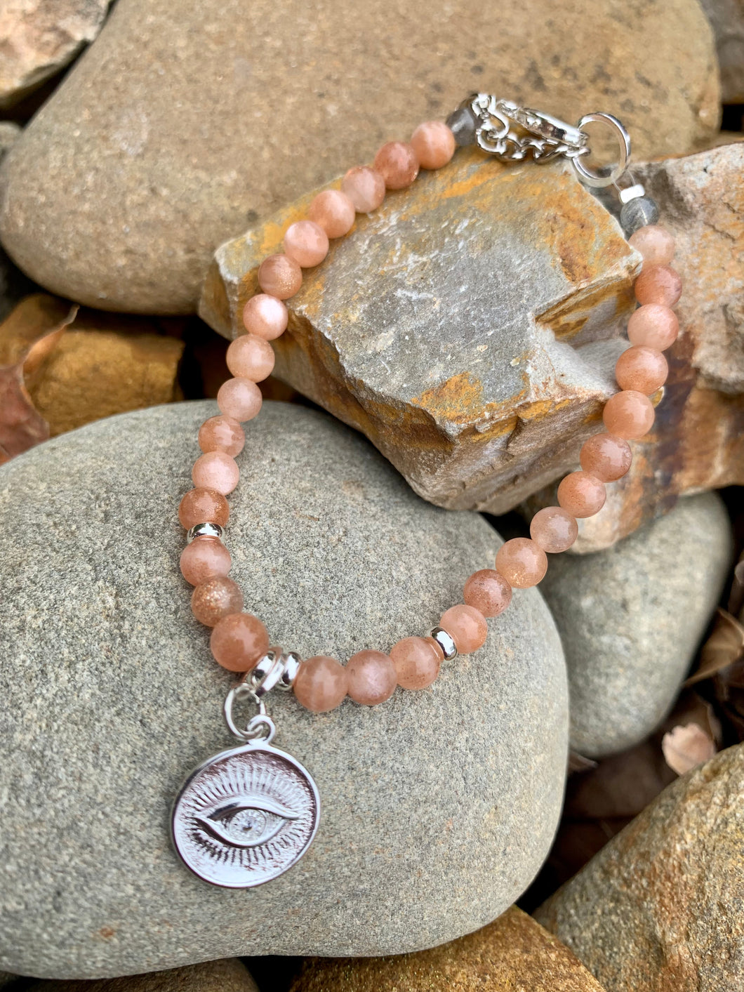 Peach Moonstone with Evil Eye Charm  Bracelet