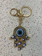 Load image into Gallery viewer, Hamsa Hand With Evil Eyes Key Charm
