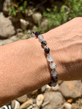 Load image into Gallery viewer, Tourmaline in Quartz Faceted Barrel Bracelet.
